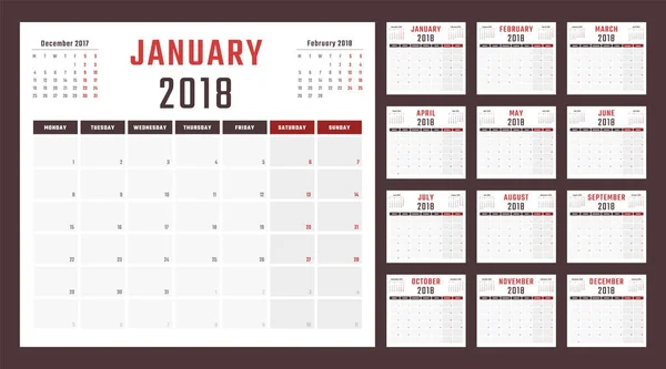 Calendario para 2018 comienza el lunes, diseño del calendario vectorial 2018 año — Archivo Imágenes Vectoriales