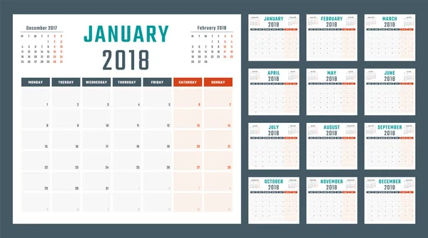 Calendario para 2018 comienza el lunes, diseño del calendario vectorial 2018 año — Vector de stock