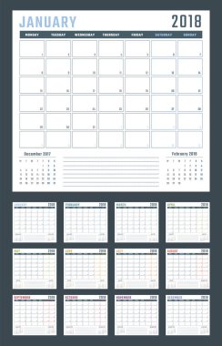 2018 için takvim Pazartesi, vektör takvim tasarımı 2018 yıl başlıyor
