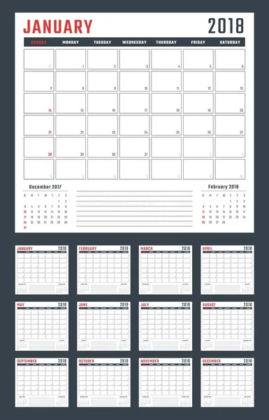 Kalendář pro rok 2018 začíná neděle, vektorová design kalendáře rok 2018 — Stockový vektor