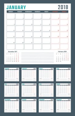 2018 için takvim Pazartesi, vektör takvim tasarımı 2018 yıl başlıyor