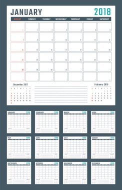 Pazar, vektör takvim tasarımı 2018 yıl 2018 için takvim başlar