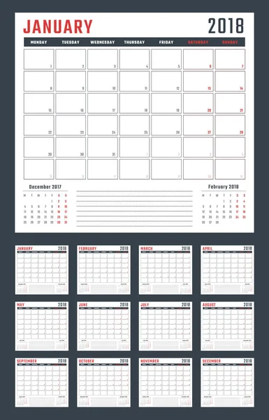 Календарь на 2018 год начинается в понедельник, векторный календарь дизайн 2018 года — стоковый вектор