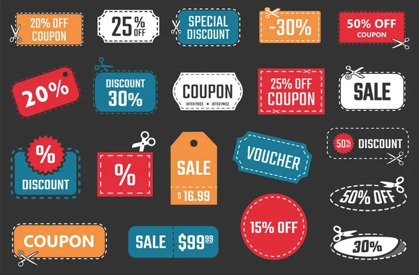 Korting coupons en banners, verkoop etiketten — Stockvector