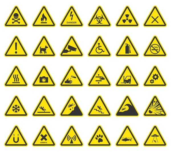 Segni di pericolo, icone di cautela — Vettoriale Stock