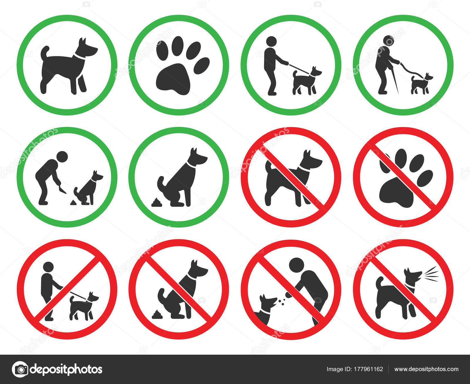 Dog friendly and dog restriction signs, dog prohibited icons Stock