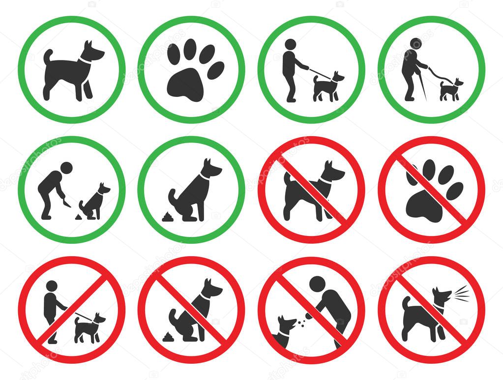 dog friendly and dog restriction signs, dog prohibited icons