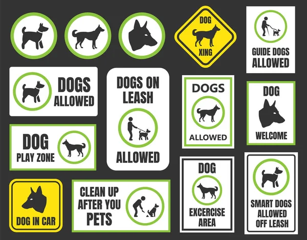 Dogs friendly sign, pet allowed set, dog in car and xing symbol — Stock Vector