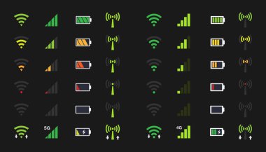 Wi-fi sinyal simgeleri, pil enerji şarj, telefon sinyal düzey simgesi