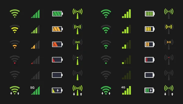 Wi-fi σήμα εικόνες, ενέργεια της μπαταρίας, επίπεδο εικονίδιο σήματος κινητής τηλεφωνίας — Διανυσματικό Αρχείο