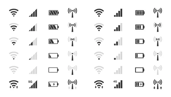 Iconos de nivel wifi, indicador de intensidad de la señal, carga de la batería — Archivo Imágenes Vectoriales