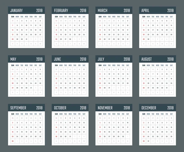 Календарь на 2018 год начинается воскресенье, векторный календарь дизайн 2018 года — стоковый вектор