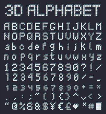 3D piksel alfabesi, retro oyun stili yazı tipi