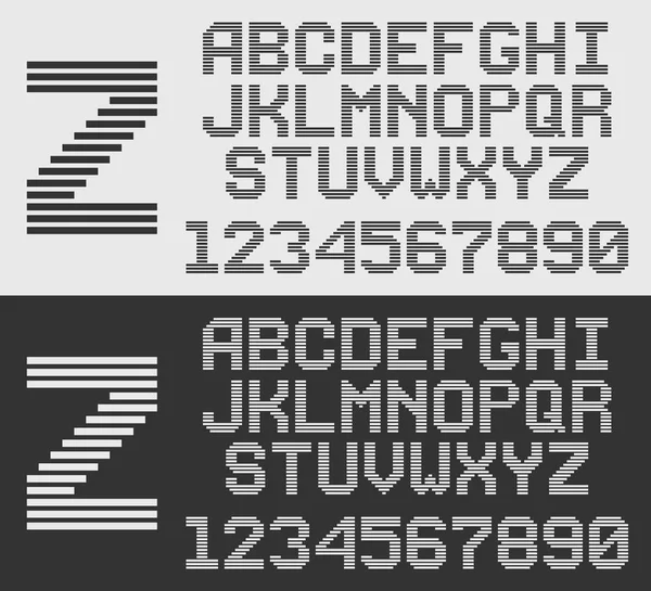 Zebra lettertype met horizontale strepen, lijn alfabet — Stockvector