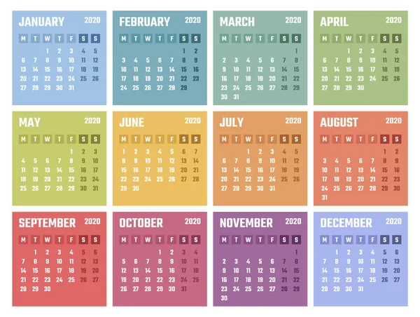 Calendario 2020 inizia lunedì, progettazione calendario vettoriale 2020 anno — Vettoriale Stock