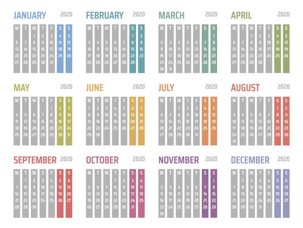 Calendario 2020 inizia lunedì, progettazione calendario vettoriale 2020 anno — Vettoriale Stock