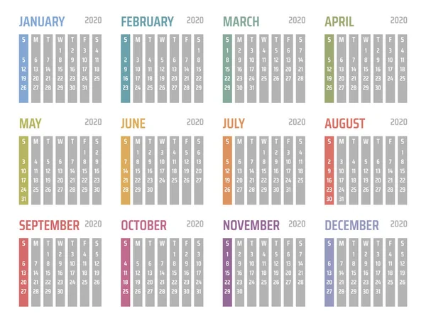 Calendario 2020 inizia domenica, progettazione calendario vettoriale 2020 anno — Vettoriale Stock