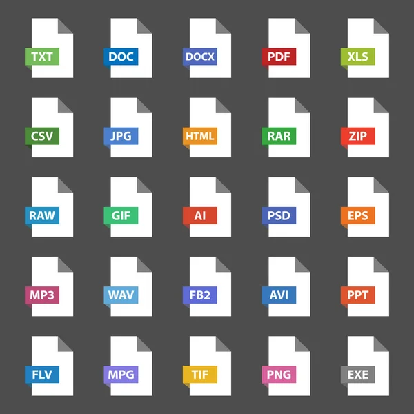 Formato de archivo conjunto de iconos planos, signos de documento vectorial — Vector de stock