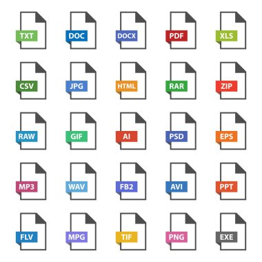 dosya biçimi düz simge seti, vektör belge imzaları