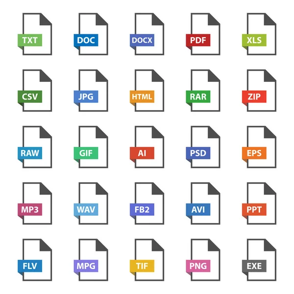 Formato de archivo conjunto de iconos planos, signos de documento vectorial — Vector de stock