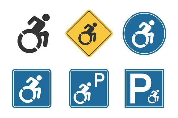 Στάθμευση για αναπηρικό σήμα, αναπηρικό αμαξίδιο και σύνολο εικονίδιο αναπηρίας — Διανυσματικό Αρχείο