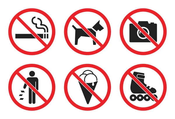 Prohibition sign set at the entrance to the store, not allowed icons - no dog, icecream, photo, smoke, skates, litter — Stock Vector