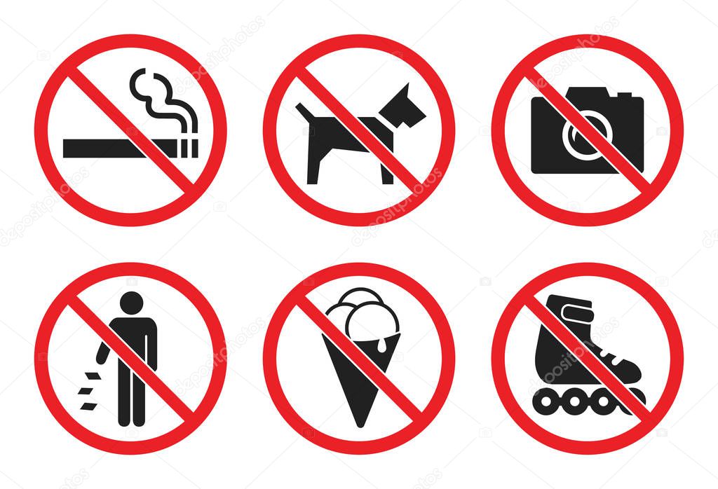 prohibition sign set at the entrance to the store, not allowed icons - no dog, icecream, photo, smoke, skates, litter