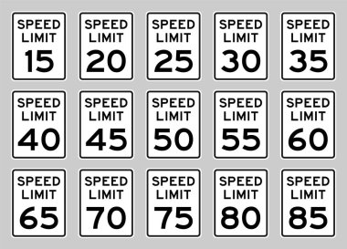 USA speed limit road sign set fro 15 to 85 mph clipart