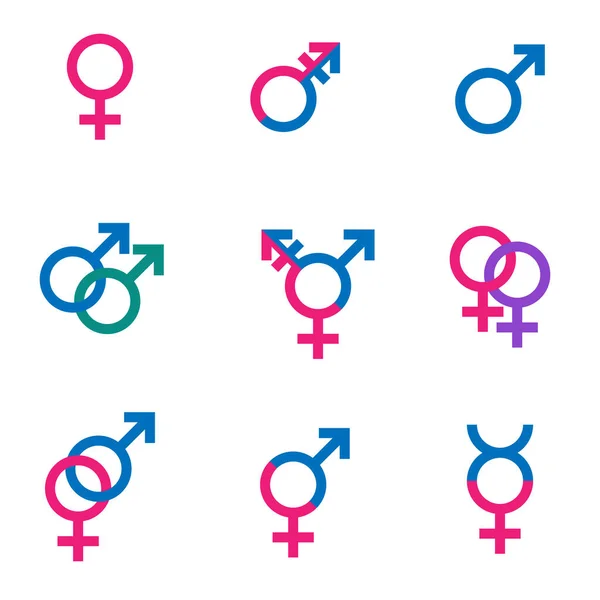 Geschlechtsspezifische Symbole, Symbole sexueller Orientierung - männlich, weiblich, hetero, transgender, lesbisch, schwul, zwitter — Stockvektor