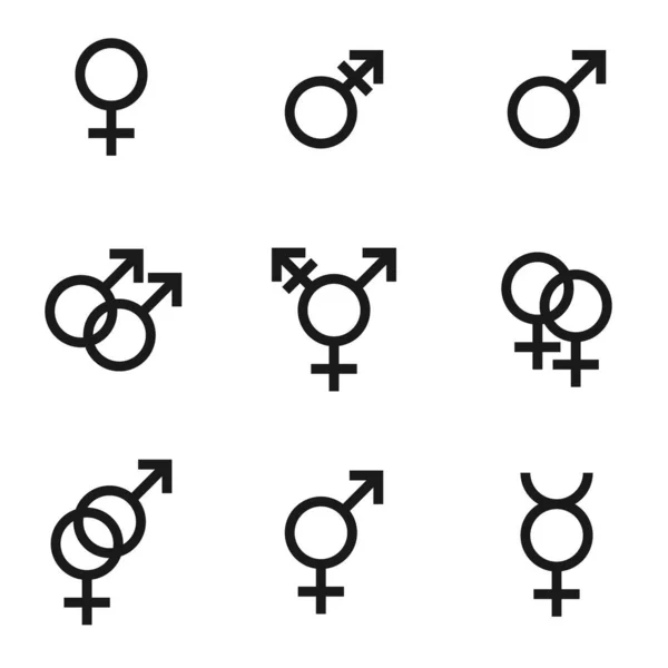 Gender identities icons set, sex relationship gender signs - male, female, hetero, transgender, lesbian, gay — Stock Vector