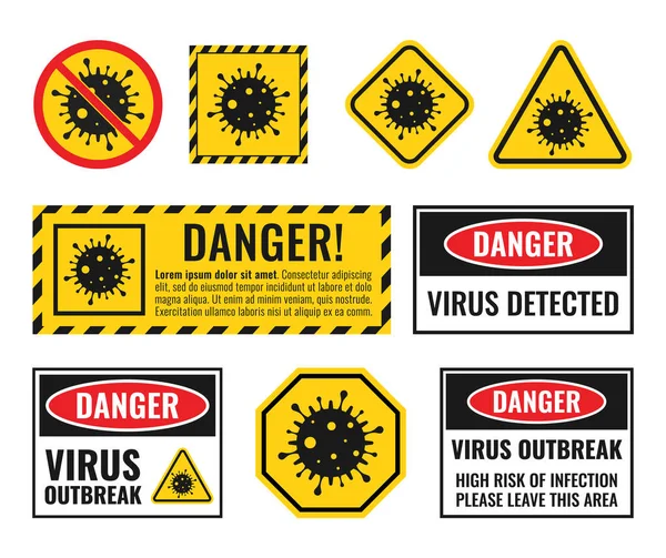 Набор знаков внимания вируса, иконки коронавируса, предупреждение об опасности биологической опасности — стоковый вектор