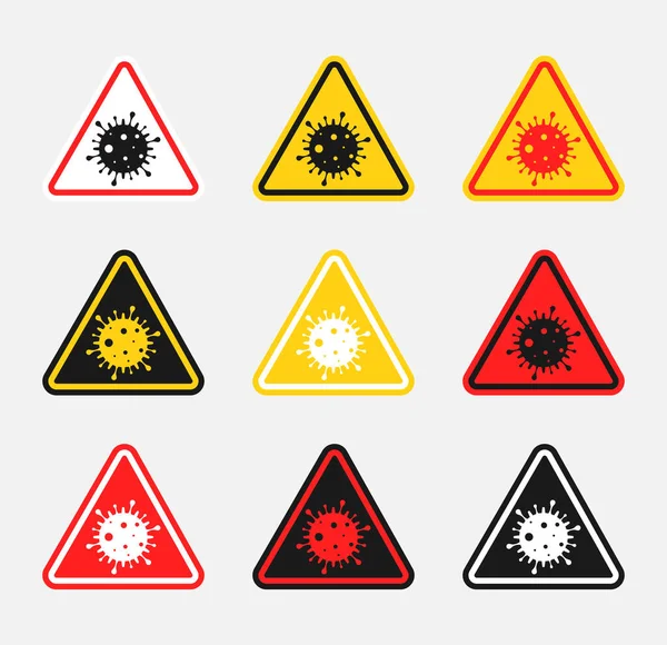 Набор знаков внимания вируса, иконки коронавируса, предупреждение об опасности биологической опасности — стоковый вектор