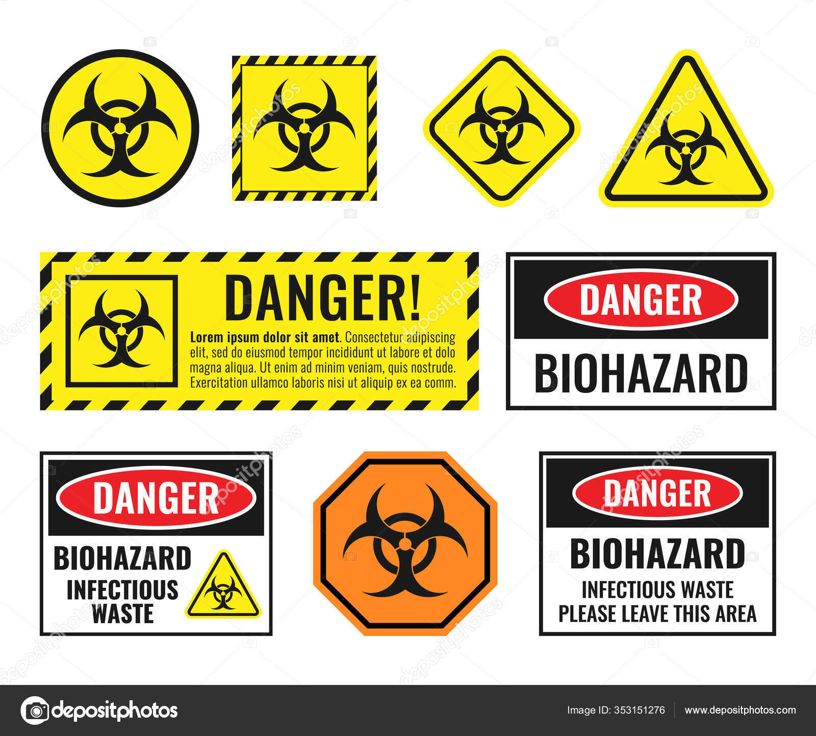 Set sign biohazard toxicity dangerous yellow signs