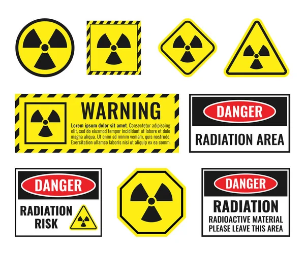 Набор знаков радиационной опасности, значки радиоактивной опасности — стоковый вектор
