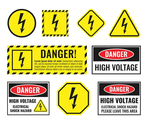 Set di cartelli ad alta tensione, pericolo di icone elettriche — Vettoriale Stock