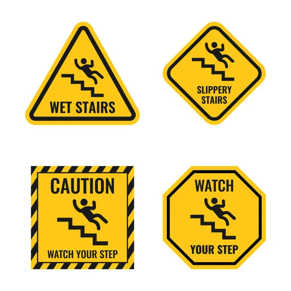 Признаки опасности, падающие с лестницы, скользкая лестница предупреждение, следить за шаг уведомления — стоковый вектор