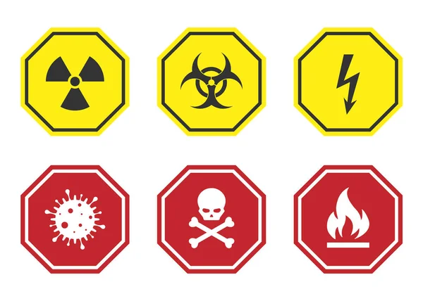 Набор предупреждающих знаков - опасность, радиация, биологическая опасность, смерть, напряжение, пламя, вирус — стоковый вектор
