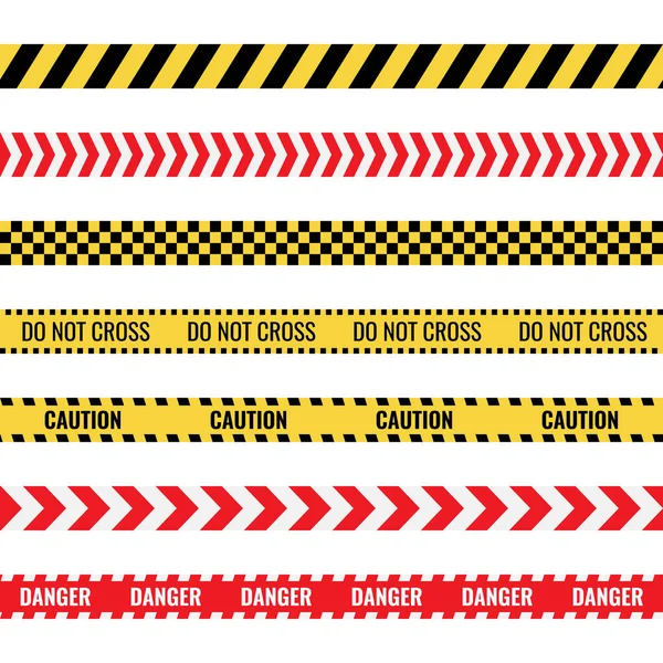 Ensemble de panneaux d'avertissement, lignes de police dangereuses, rubans avec texte d'avertissement — Image vectorielle