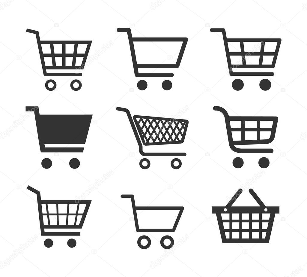 shopping cart icon set, trolley signs for internet shop