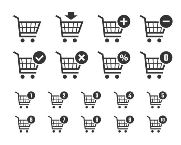 Zestaw ikon koszyka zakupów, tabliczki na wózki do sklepu internetowego — Wektor stockowy