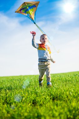 Genç çocuk onun uçurtma yeşil alan ile oynarken.