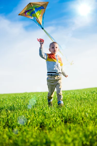 Junge spielt mit seinem Drachen auf der grünen Wiese. — Stockfoto