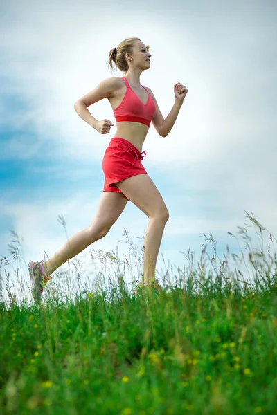 Young woman running summer park rural road. Outdoor exercises. J — Stock Photo, Image