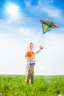Genç çocuk onun uçurtma yeşil alan ile oynarken.