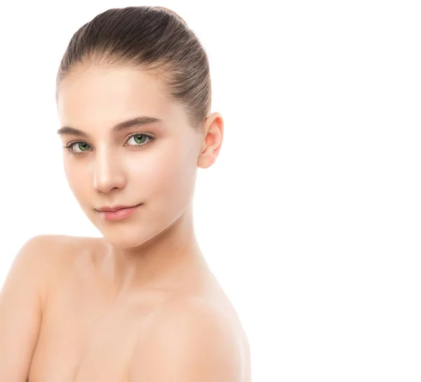 Portrait of beautiful young brunette woman with clean face. Isolated on a white. — Stock Photo, Image