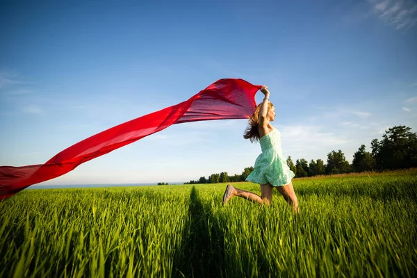 Young happy woman in wheat field with fabric. Summer lifestyle — Stock Photo, Image