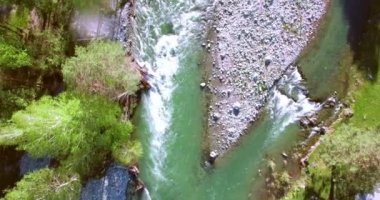 4 k Uhd havadan görünümü. Düşük uçuş üzerinde taze soğuk dağ nehir kıyısında güneşli yaz sabahı.