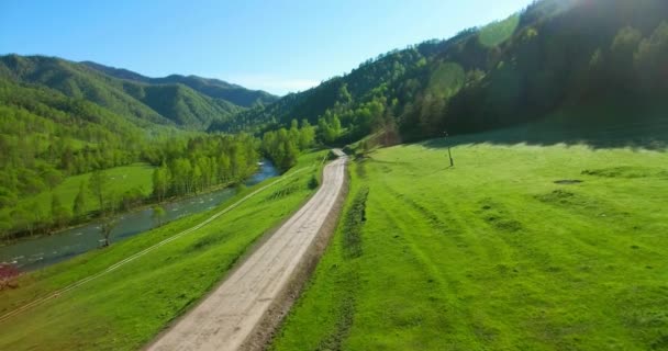 공중 4k Uhd 보기입니다. 낮은 공기 비행 산 시골 비포장도로와 풀밭 화창한 여름 아침에. 녹색 나무, 태양 광선, 산악 강 근처 — 비디오
