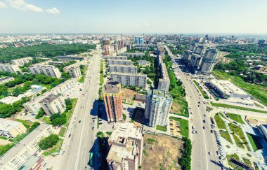Havacılık şehri manzarası. Şehir manzarası. Helikopter vuruldu. Panoramik resim.