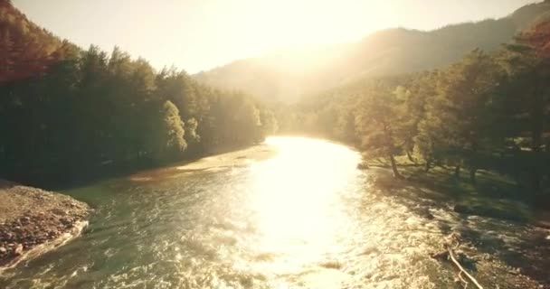 4k uhd Luftaufnahme. Tiefflug über den frischen kalten Gebirgsfluss am sonnigen Sommermorgen. — Stockvideo